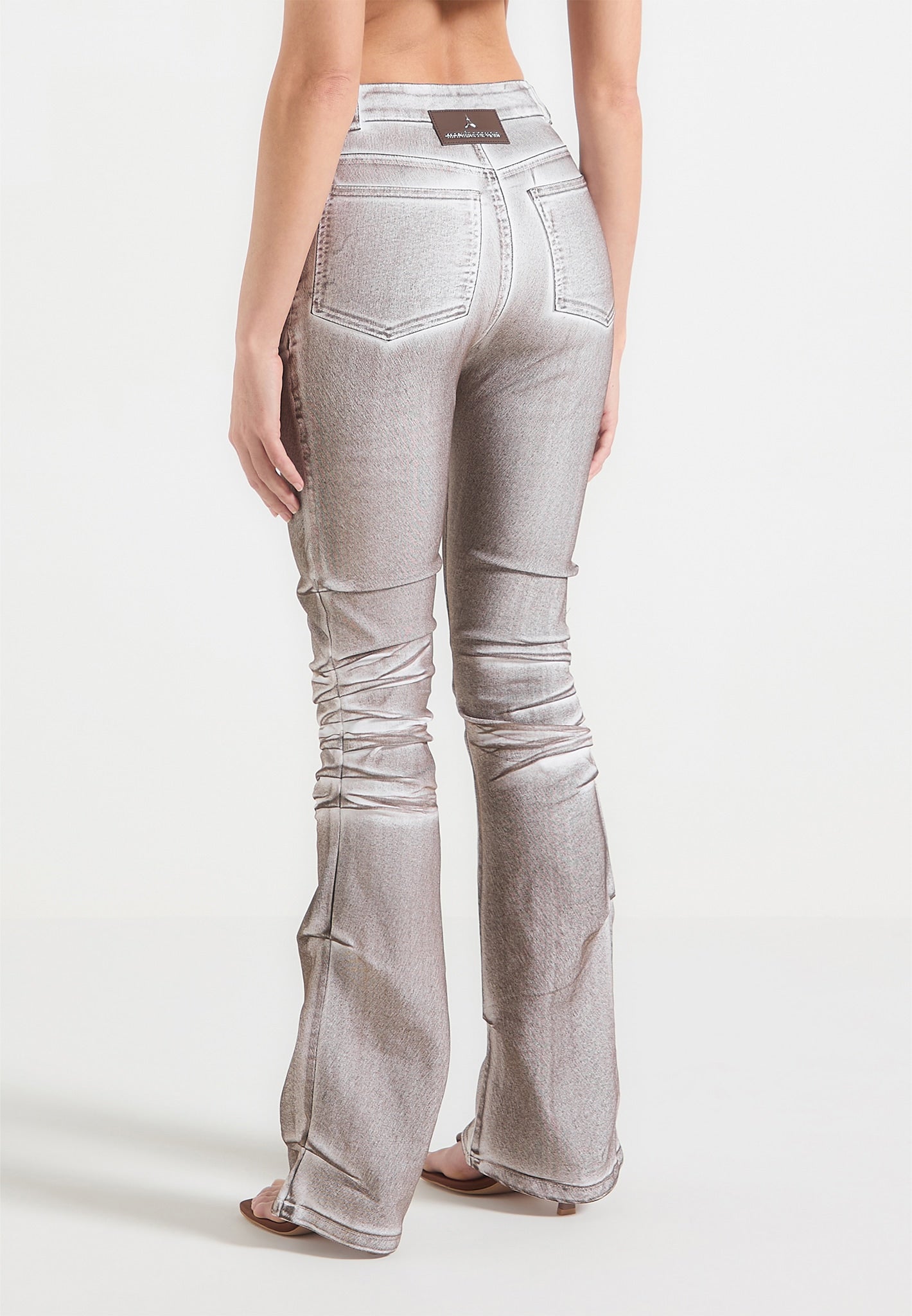 Denim Effect Tacked Fit and Flare Jeans - Brown/White